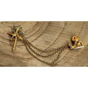 Mexican Palm Tree Double Brooch Pins Gold Tone Blue & Clear Rhinestones